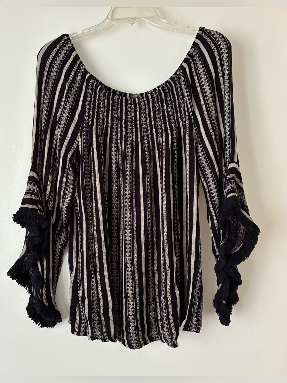 Studio West Top, Sz. L, Blk/Beige, Elast. Neckline, On/Off Shoulder, Bell Sleeve